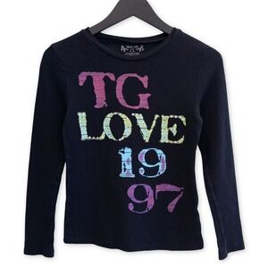 Total Girl Waffle Knit Graphic Top Womens L Y2K Style Grunge Retro McBling Black